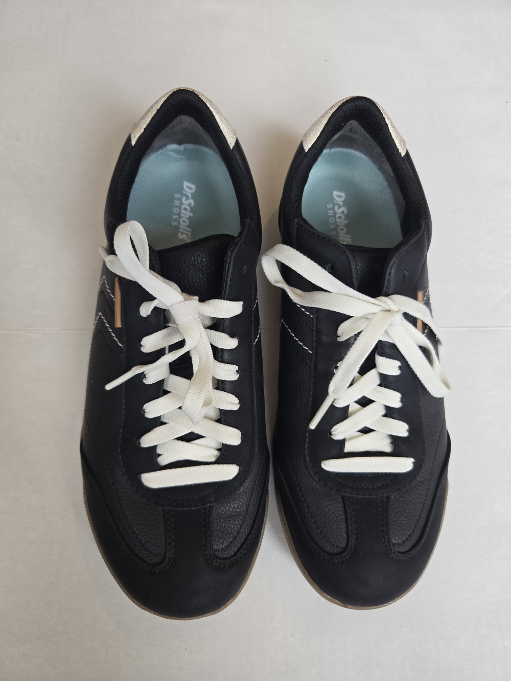 Dr. Scholl's Black Leather Sneakers with White Laces and Light Blue Insoles